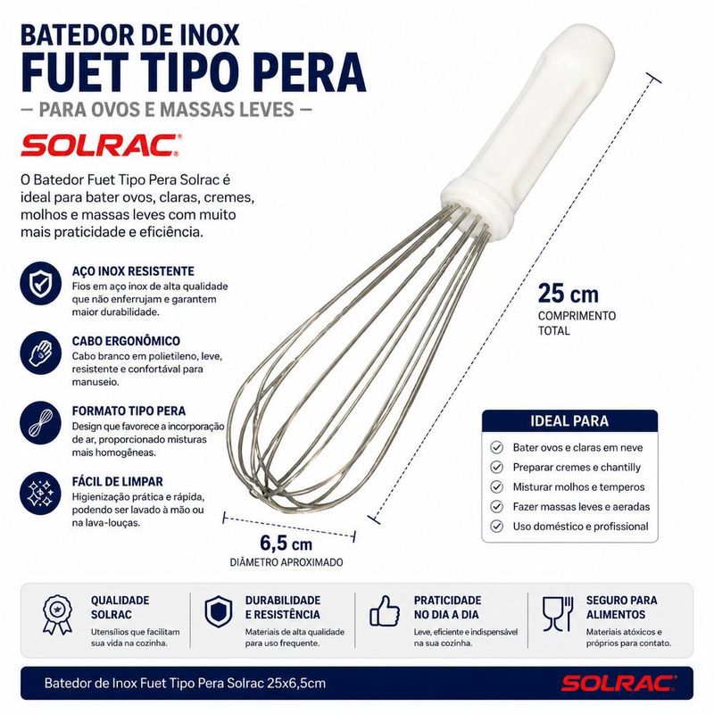 Batedor de Inox Fuet Tipo Pera P/ Ovos C/ Cabo Branco 25x6.5cm Solrac (01 unidade)