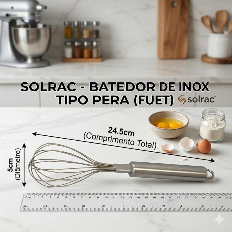 Batedor de Inox Fuet Tipo Pera P/ Ovos 24.5x5cm Solrac (01 unidade)