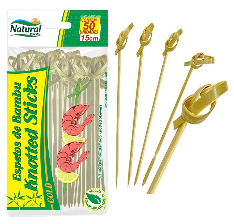 Espeto em Madeira de Bambu Knotted Sticks Gold 15cm Natural Produtos (50 unidades)