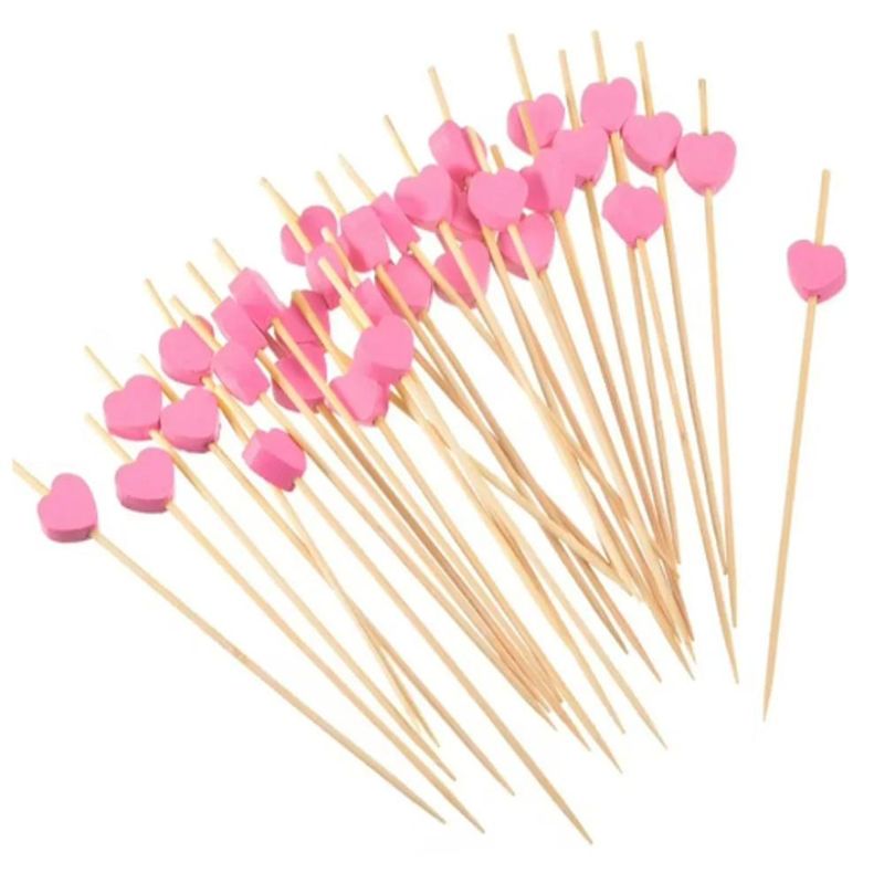 Enfeite de Bambu para Petisco Espeto Coração Rosa Art Lille (20 Unidades)