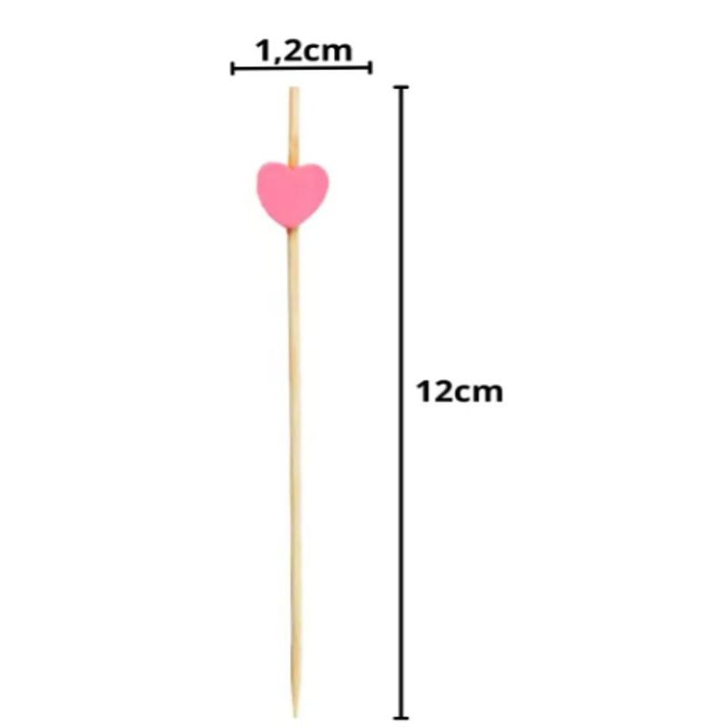 Enfeite de Bambu para Petisco Espeto Coração Rosa Art Lille (20 Unidades)