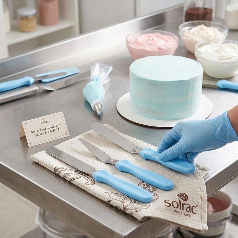 Kit Espátula Confeiteiro de Inox Azul Solrac (03 unidades)