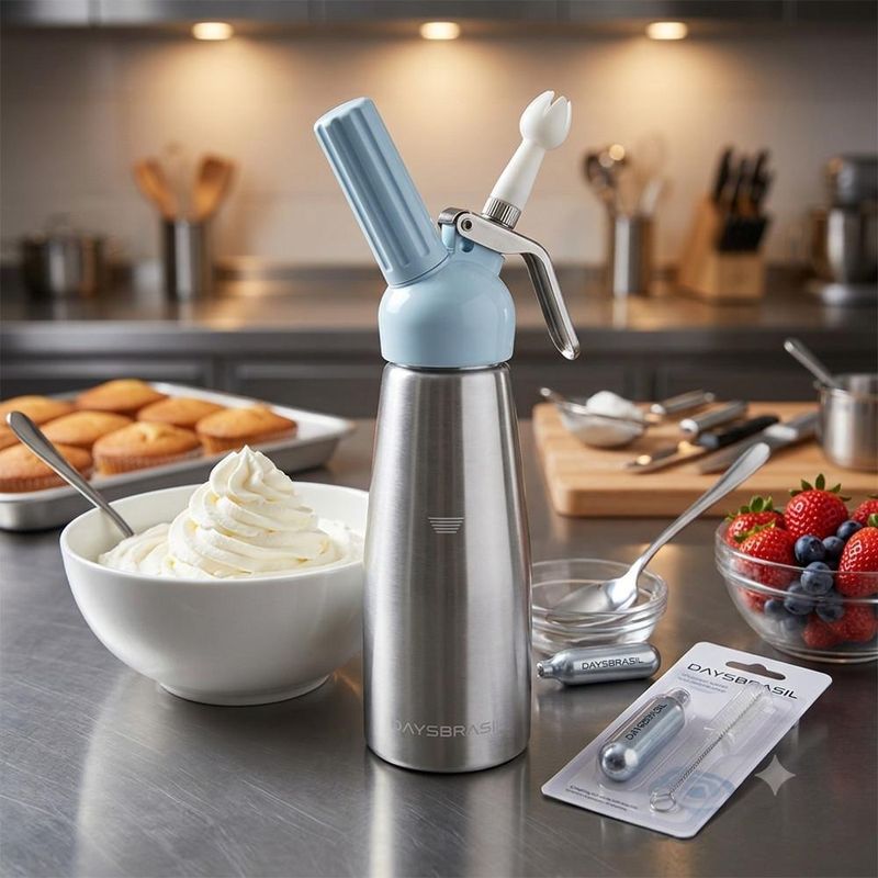 Garrafa Sifão P/ Chantilly de Alumínio Prata C/ Cabeçote Branco 500ml DaysBrasil (01 unidade)