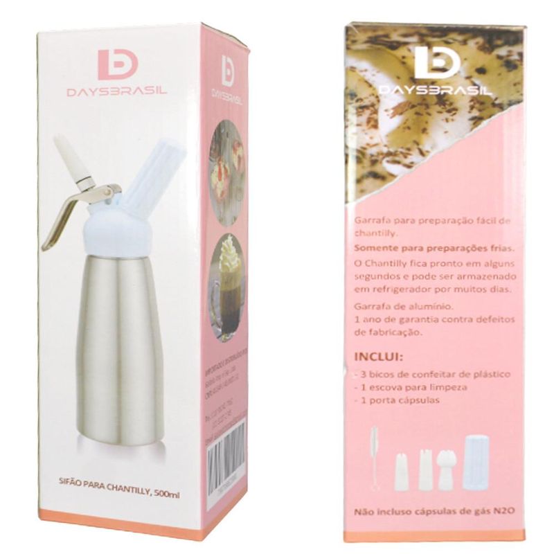 Garrafa Sifão P/ Chantilly de Alumínio Prata C/ Cabeçote Branco 500ml DaysBrasil (01 unidade)