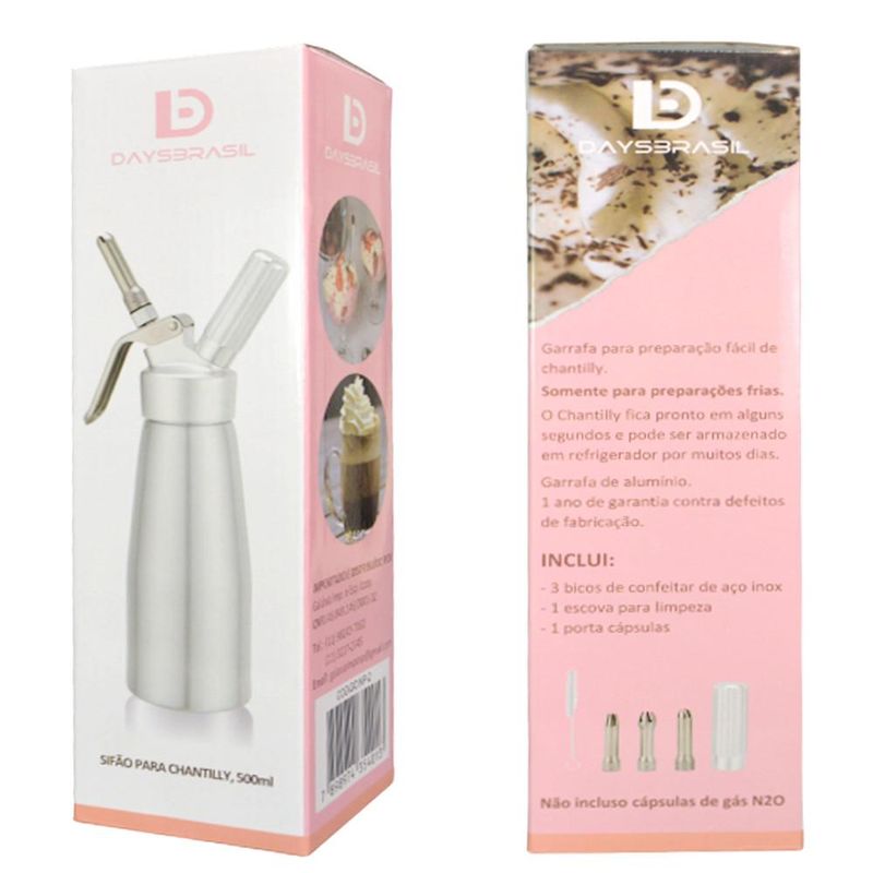 Garrafa Sifão P/ Chantilly de Alumínio Prata C/ Cabeçote Prata 500ml DaysBrasil (01 unidade)