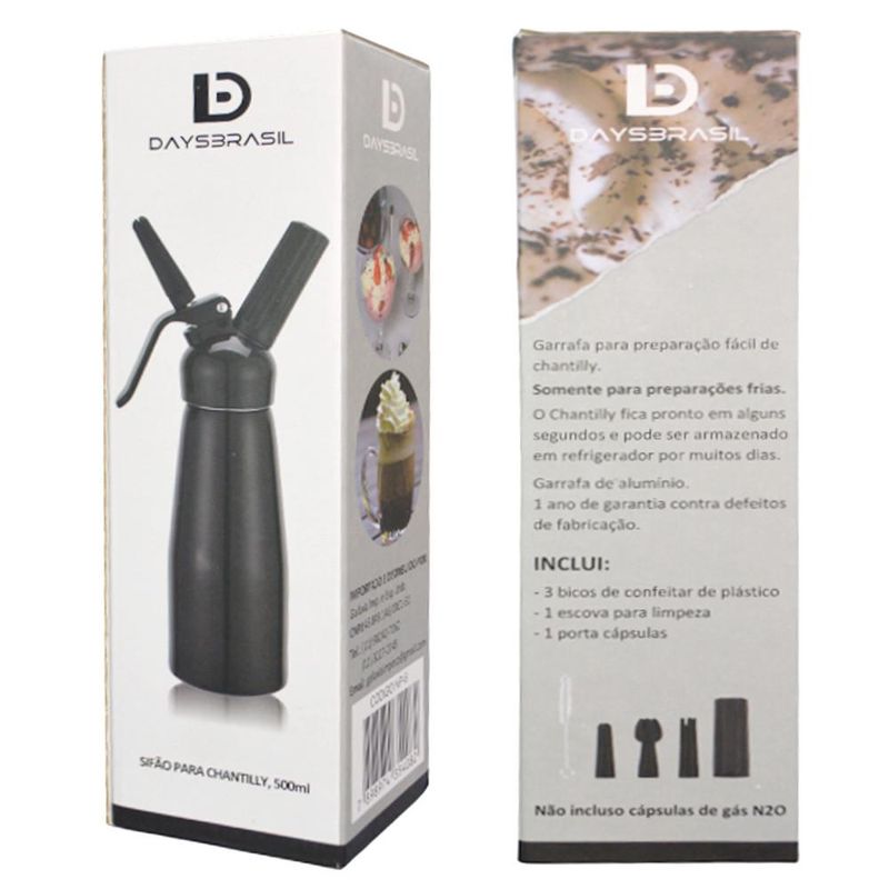 Garrafa Sifão P/ Chantilly de Alumínio Preto C/ Cabeçote Preto 500ml DaysBrasil (01 unidade)