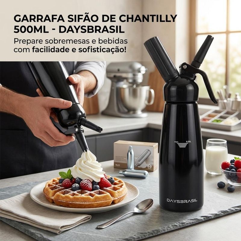 Garrafa Sifão P/ Chantilly de Alumínio Preto C/ Cabeçote Preto 500ml DaysBrasil (01 unidade)