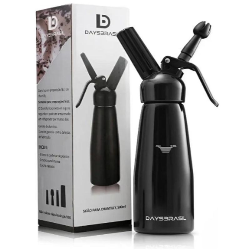 Garrafa Sifão P/ Chantilly de Alumínio Preto C/ Cabeçote Preto 500ml DaysBrasil (01 unidade)