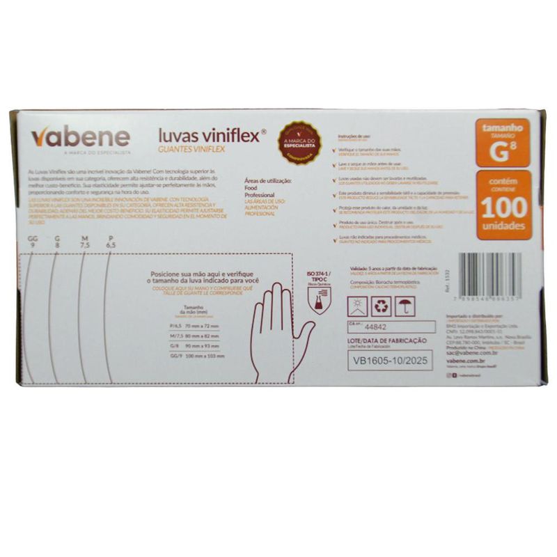 Luvas de Segurança Viniflex Translúcida Tamanho G 8" Vabene (100 unidades)