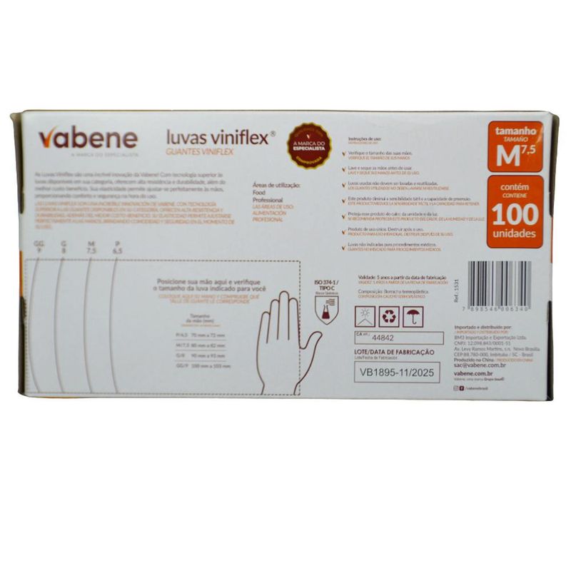 Luvas de Segurança Viniflex Translúcida Tamanho M 7.5" Vabene (100 unidades)