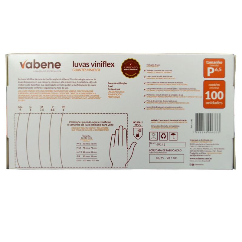 Luvas de Segurança Viniflex Translúcida Tamanho P 6.5" Vabene (100 unidades)