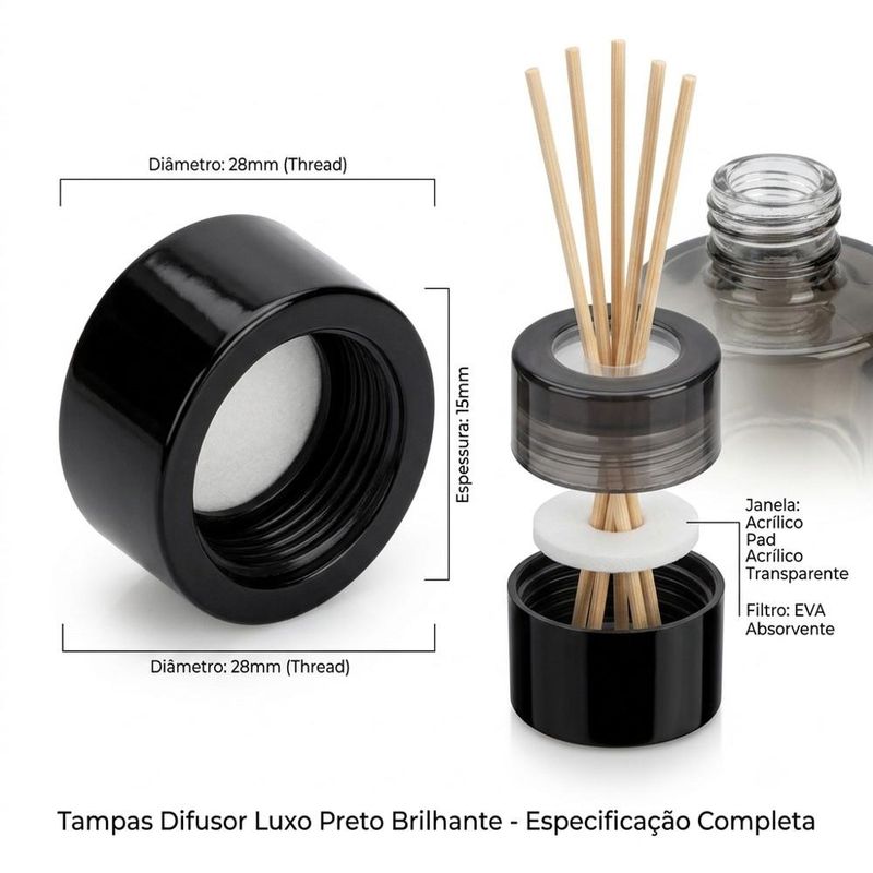 Tampa de Plástico Luxo P/ Difusor C/ Furo Rosca 28/410 Preta Irmãos Haluli (01 unidade)