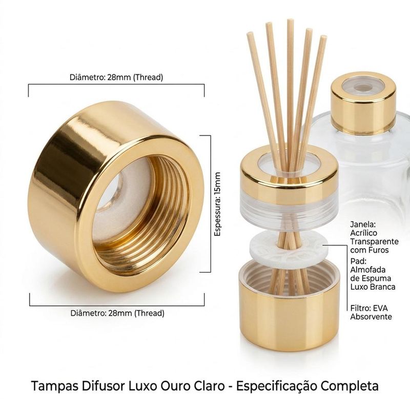 Tampa de Plástico Metalizado Luxo P/ Difusor C/ Furo Rosca 28/410 Ouro Claro Irmãos Haluli (01 unidade)