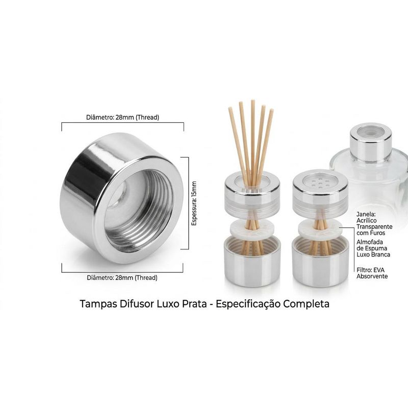 Tampa de Plástico Metalizado Luxo P/ Difusor C/ Furo Rosca 28/410 Prata Irmãos Haluli (01 unidade)