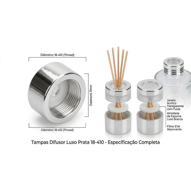 Tampa de Plástico Metalizado Luxo P/ Difusor C/ Furo Rosca 18/410 Prata Irmãos Haluli (01 unidade)