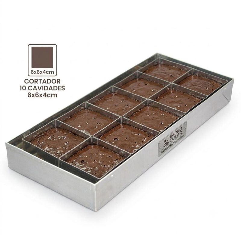 Kit Assadeira de Alumínio 33x14x4cm C/ Cortador de Inox 6x6x4cm P/ Brownie 10 Cavidades Circular (01 unidade)