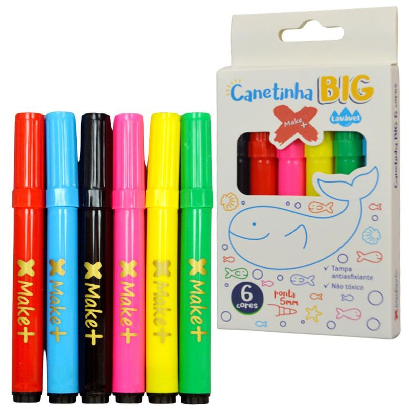 Canetinha Hidrográfica Big Lavável com 6 Cores Ponta 5mm Ref. 10606 Make+ (6 unidades)