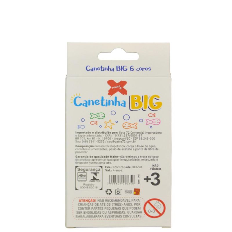 Canetinha Hidrográfica Big Lavável com 6 Cores Ponta 5mm Ref. 10606 Make+ (6 unidades)
