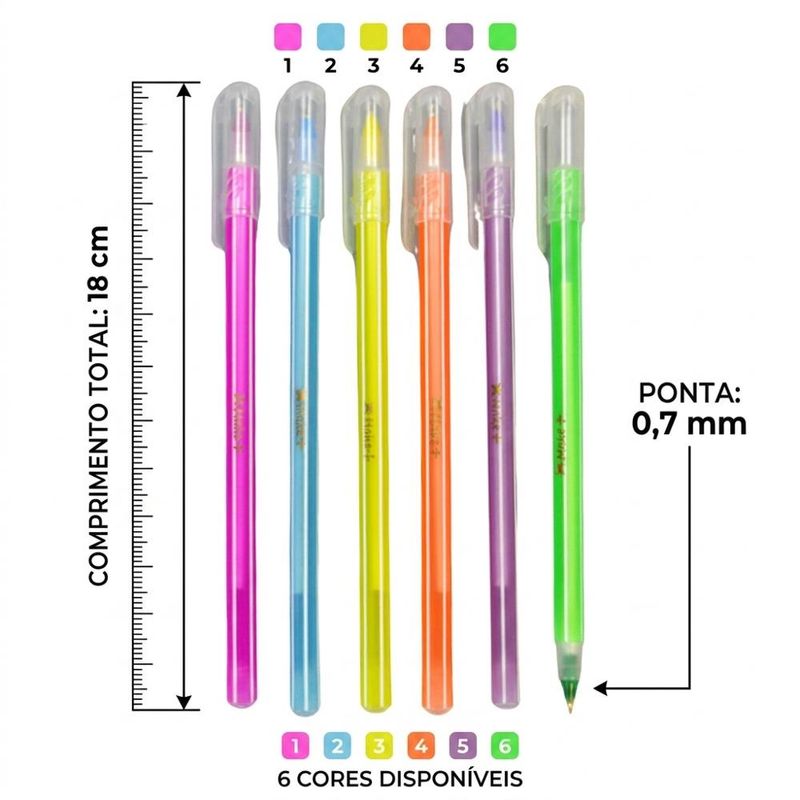 Canetas Esferográficas Color Line C/ 6 Cores Ponta 0.7mm Ref. 1091 Make+ (6 unidades)