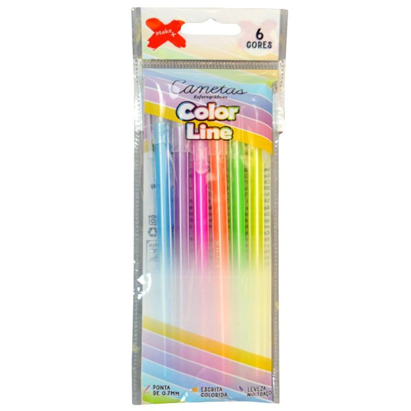 Canetas Esferográficas Color Line C/ 6 Cores Ponta 0.7mm Ref. 1091 Make+ (6 unidades)