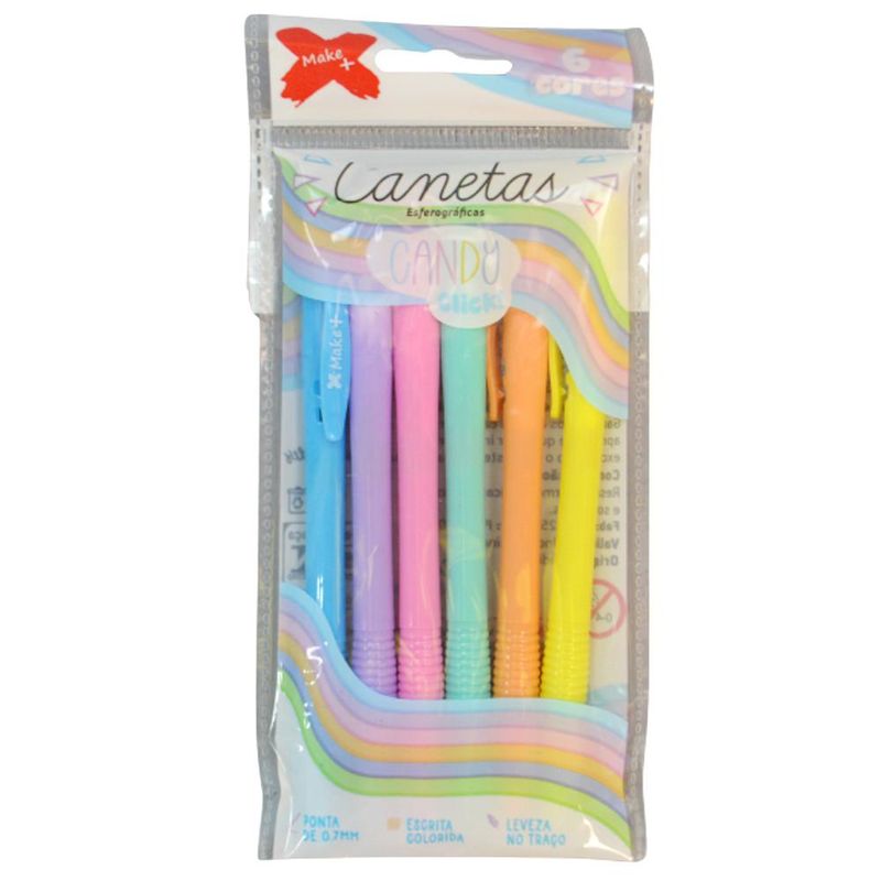 Canetas Esferográficas Candy Click C/ 6 Cores Ponta 0.7mm Ref. 1092 Make+ (6 unidades)