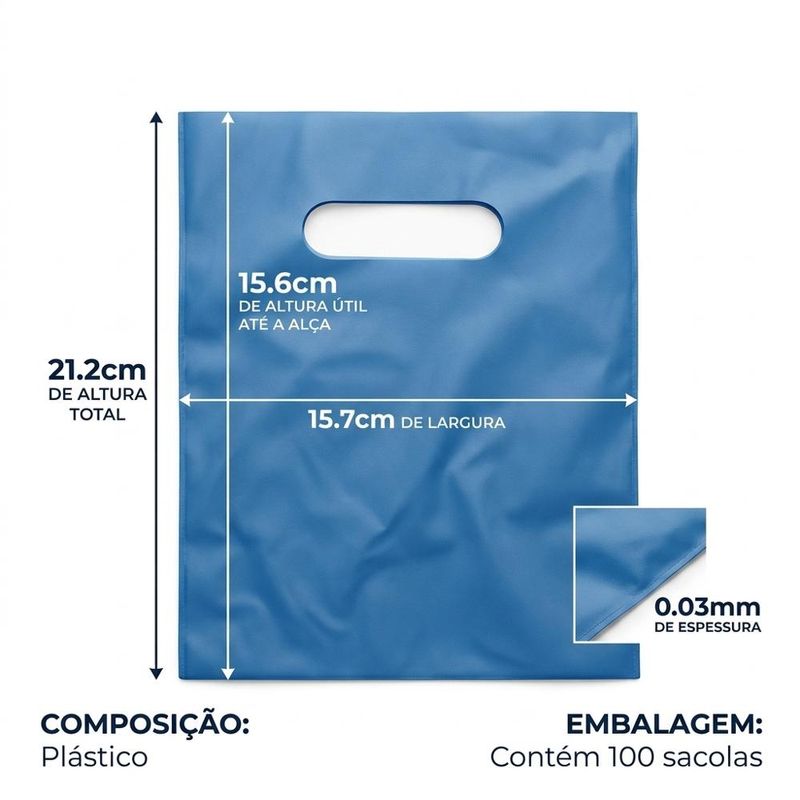 Sacola de Plástico Boca de Palhaço 16x22cm Azul Escuro Comercial Wei (100 unidades)