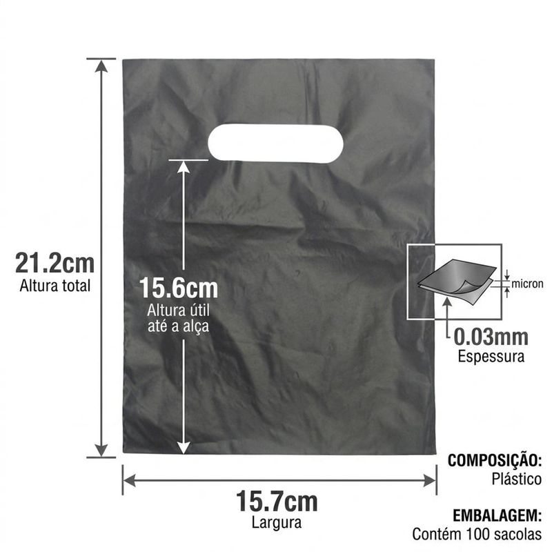 Sacola de Plástico Boca de Palhaço 16x22cm Preto Comercial Wei (100 unidades)