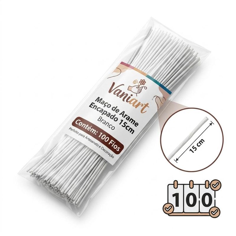 Maço de Arame Encapado Recortado 15cm Branco Ref. EL2639 Vaniart (100 unidades)