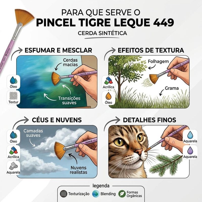 Pincel Artístico Leque Ponta Filamento Sintético Mesclado Ref. 449-3 Tigre (01 unidade)
