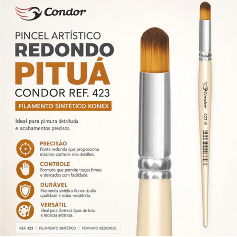 Pincel Artístico Redondo Pituá Filamento Sintético Konex Ocre Ref. 423 Condor (01 unidade)-Nº-000