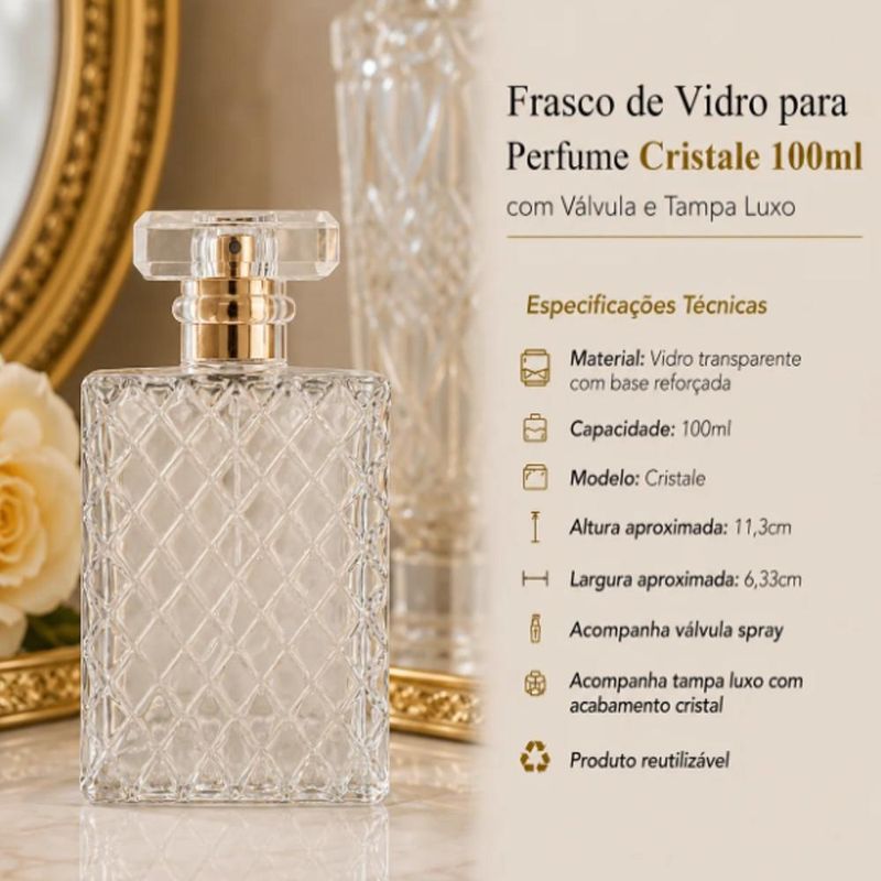 Frasco de Vidro Porta Perfume Cristale C/ Tampa Transparente e Válvula Spray Luxo 100ml BM36 (01 unidade)