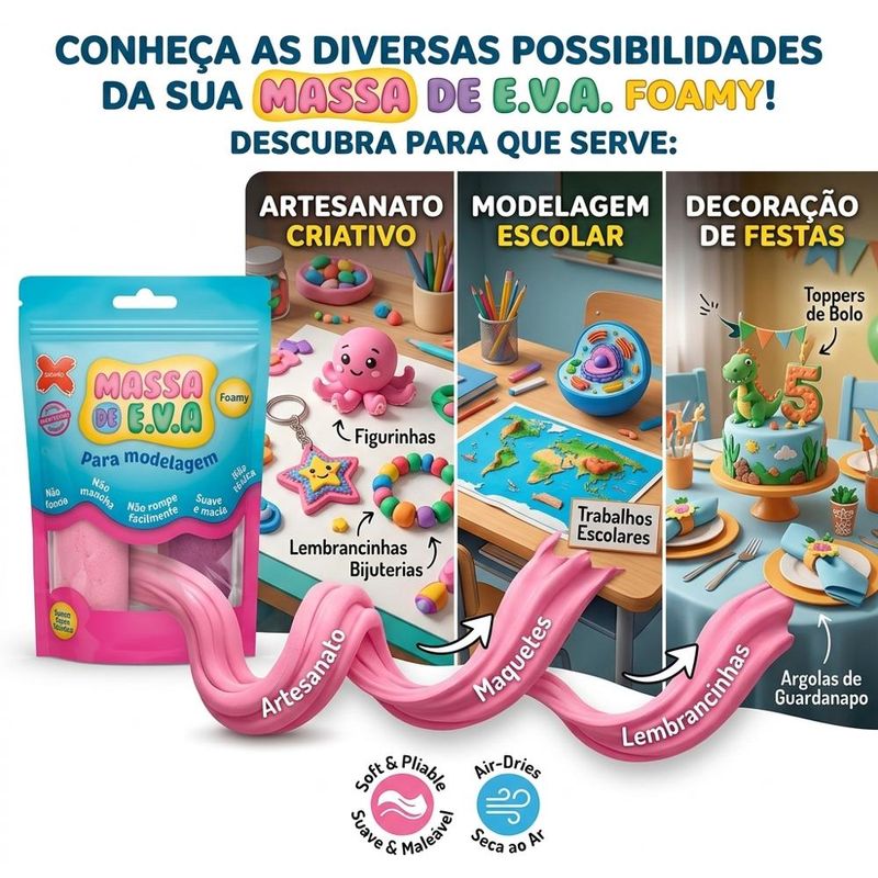 Massa de EVA para Modelagem Rosa, Rosa Claro e Pink 50gr Ref. 13018 Make+ (3 cores)