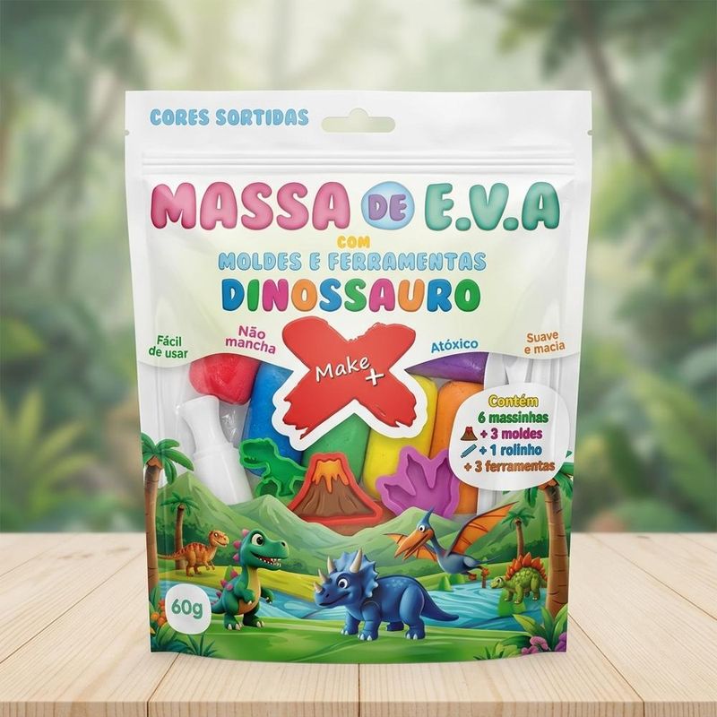 Massa de Eva P/ Artesanato Moldes e Ferramentas Dinossauro Ref. 13802 60gr Make+ (13 peças)