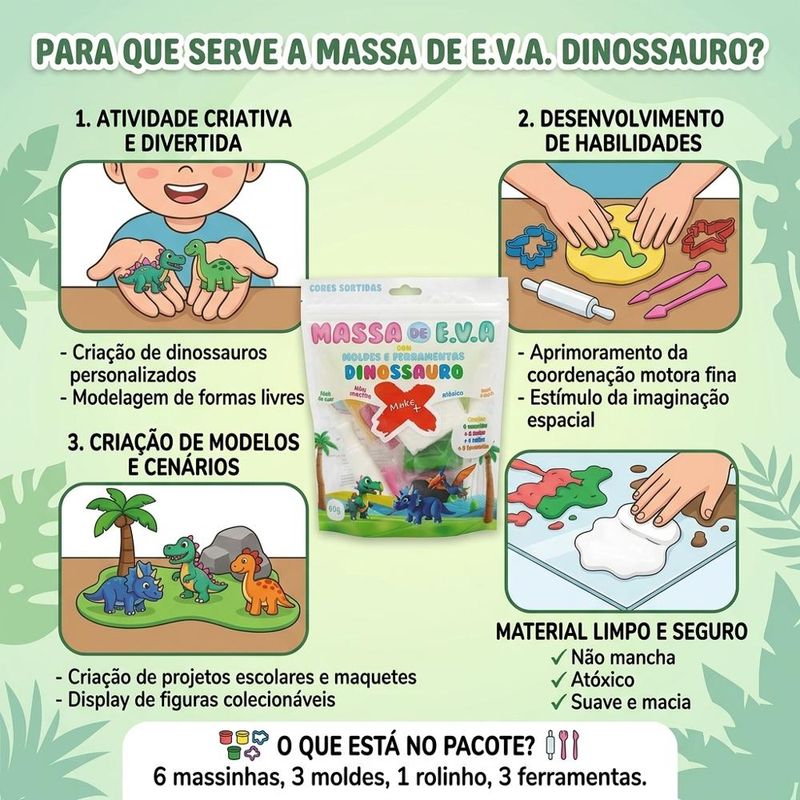 Massa de Eva P/ Artesanato Moldes e Ferramentas Dinossauro Ref. 13802 60gr Make+ (13 peças)