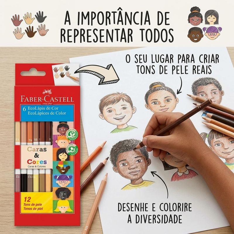 EcoLápis de Cor Caras & Cores 12 Tons de Pele Ref. 120606CC Faber-Castell (06 lápis)