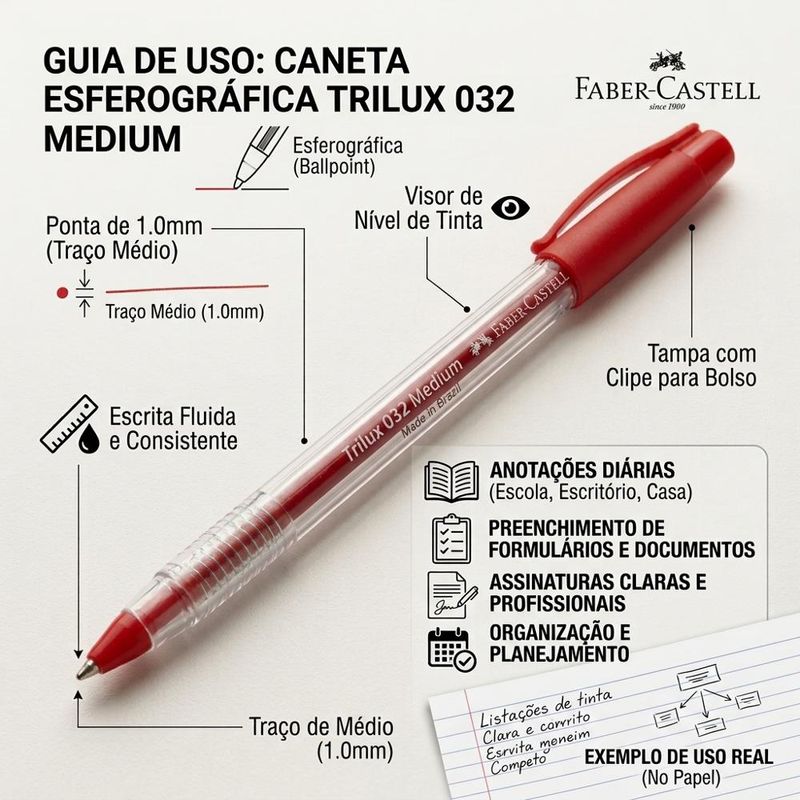 Caneta Esferográfica Trilux 032 Medium 1.0mm Vermelha Faber-Castell (01 unidade)