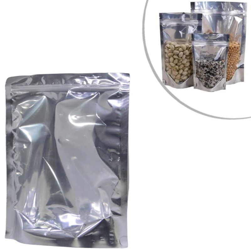 Saco Stand-Up Metalizado Prata Verso C/ Visor Transparente Fechamento Zip 16x23x4cm (10 unidades)