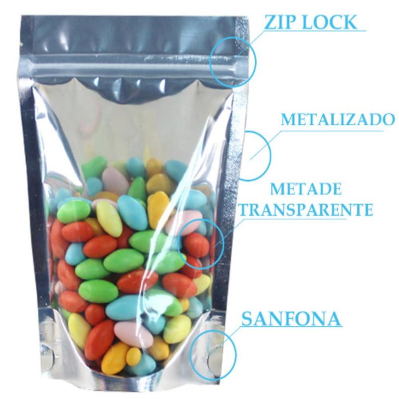 Saco Stand-Up Metalizado Prata Verso C/ Visor Transparente Fechamento Zip 16x23x4cm (10 unidades)