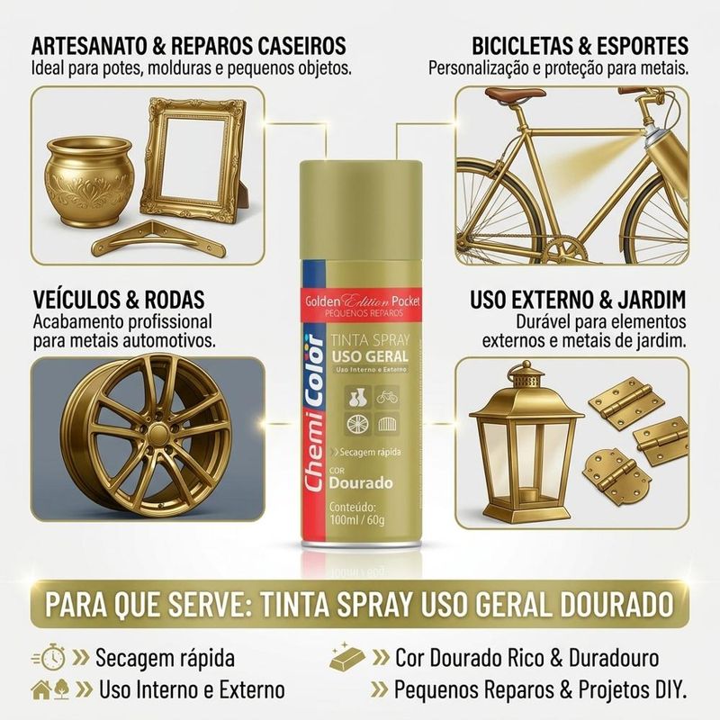 Tinta em Spray Uso Geral Chemi Color Edition Pocket Dourado 100ml Baston (01 unidade)