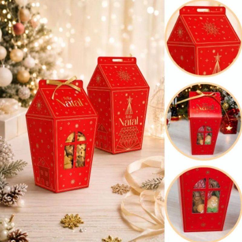 Caixa Milk com Visor Janela e Fita Brilhos de Natal 9.5x9.5x18cm C6221 Ideia (01 unidade)