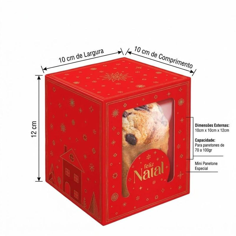 Caixa Classic com Visor Mini Panetone Brilhos de Natal 70 a 100g 10x10x12cm C6203 Ideia (01 unidade)