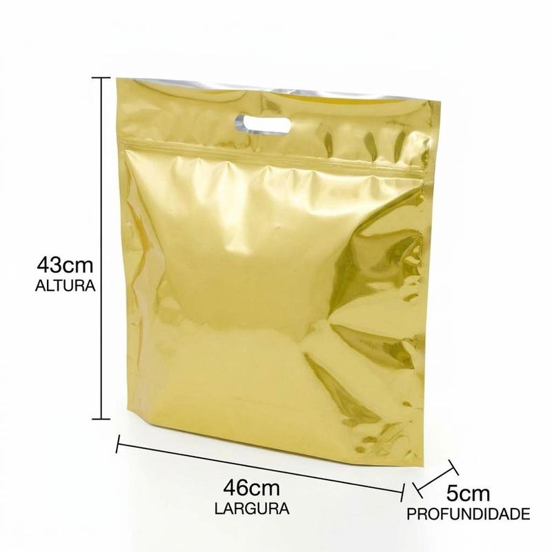 Sacola de PET Laminada Sanfonada Dourado C/ Zíper 46x43x5cm Ref. 2708012 Cromus (1 unidade)