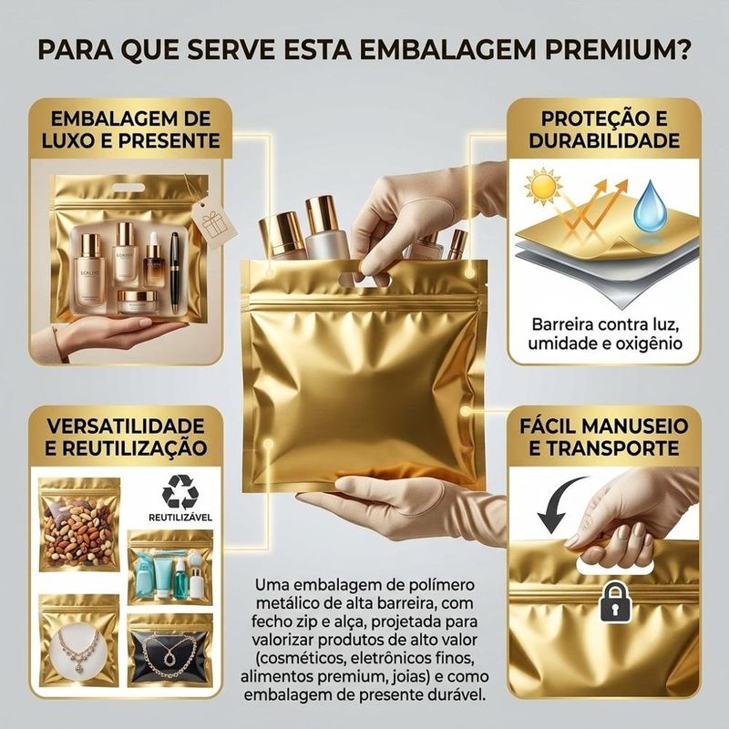 Sacola de PET Laminada Sanfonada Dourado C/ Zíper 46x43x5cm Ref. 2708012 Cromus (1 unidade)